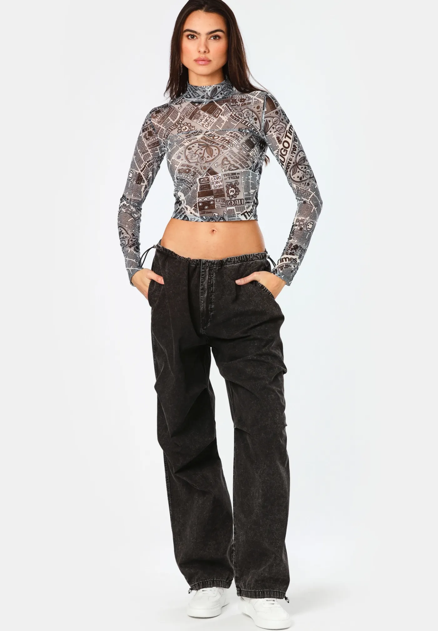 Bedrucktes Cropped-Longsleeve aus Stretch-Mesh