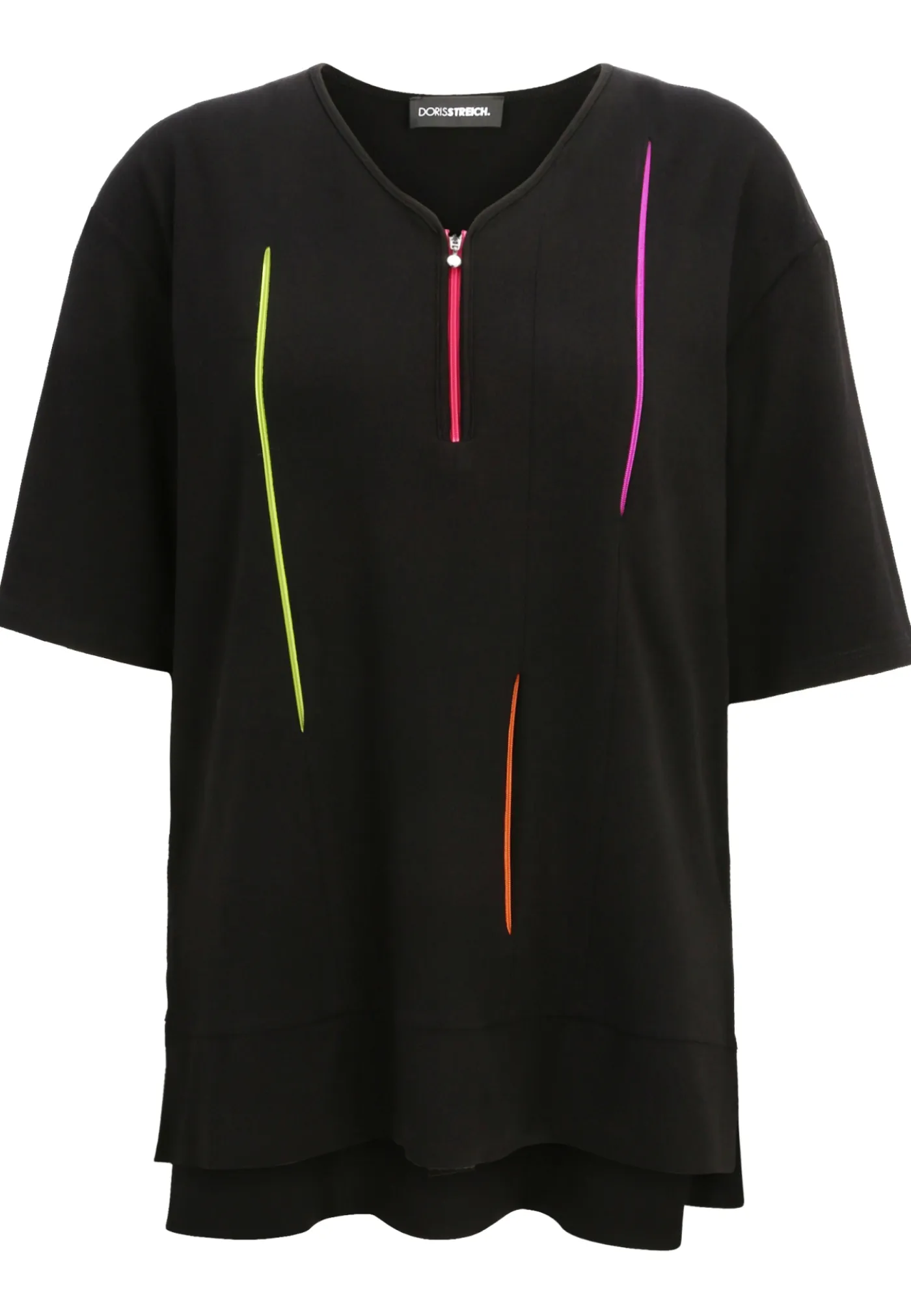 Long-Shirt mit farbigen dekorativen Reißverschlüssen und Halbarm