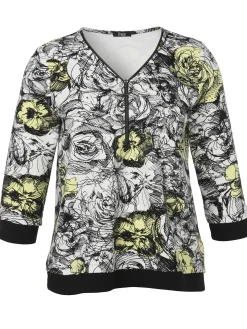 Print-Sweatshirt mit Zier-Zipper am V-Ausschnitt