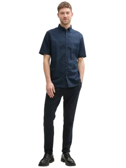 Regular Fit Kurzarmhemd mit Leinenanteil im Pünktchen-Muster